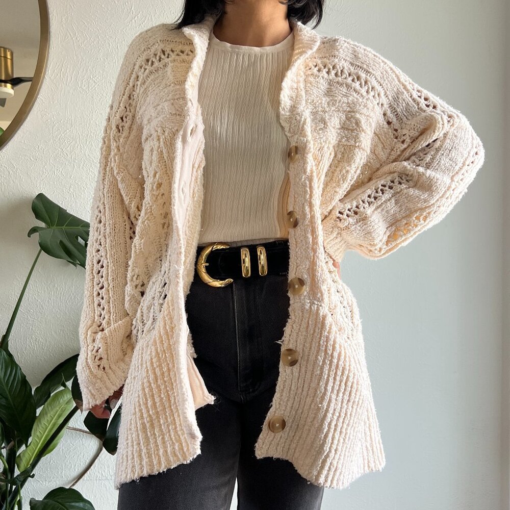 Free People Oversized Cable Knit Cardi in Ivory small Preppy Academia Cardigan - Picture 12 of 12